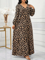 Women's Printed Leopard Print Lantern Sleeve Long Dress with Pockets - Leopard Print