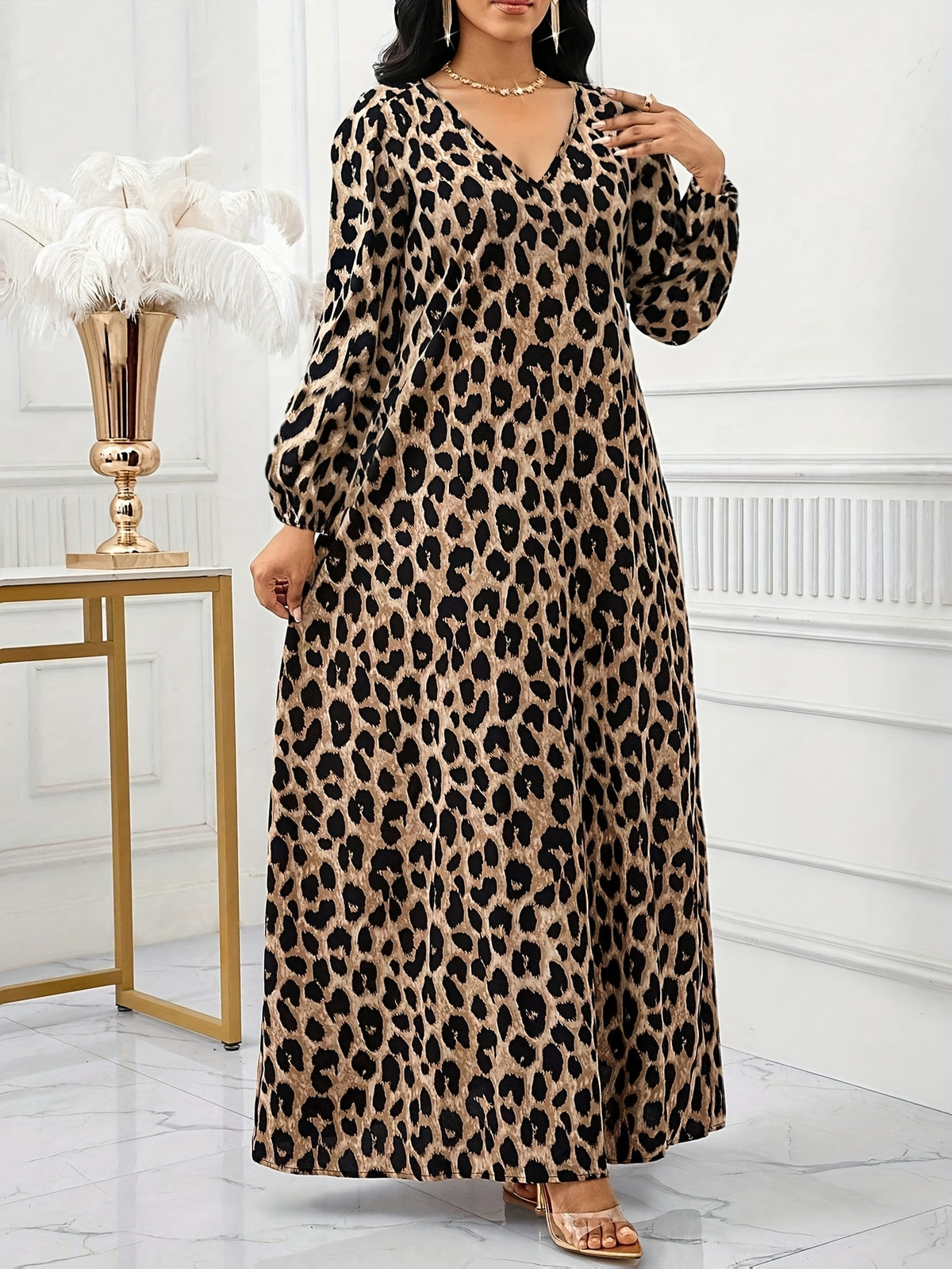 Women's Printed Leopard Print Lantern Sleeve Long Dress with Pockets - Leopard Print
