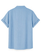 Men's Stand Collar Henley Short Sleeve Shirt 3pcs, Vertical Stripe Texture Half-Button with Pocket Top, Summer Breathable Casual Vacation 3pcs Versatile Men's Shirt Set - Blue + Blue + White