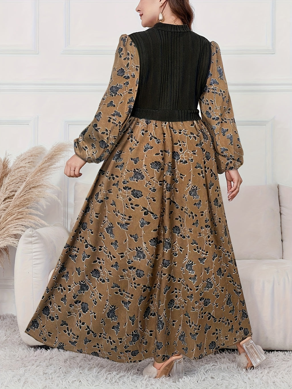 Plus Size - Plus Size - 2025 New Patchwork Fabric Design Floral Print Long Lantern Sleeves Small Stand-Up Collar Waist Slim Dating Travel Elegant Large Size Women'S Dress - Yellowish-brown