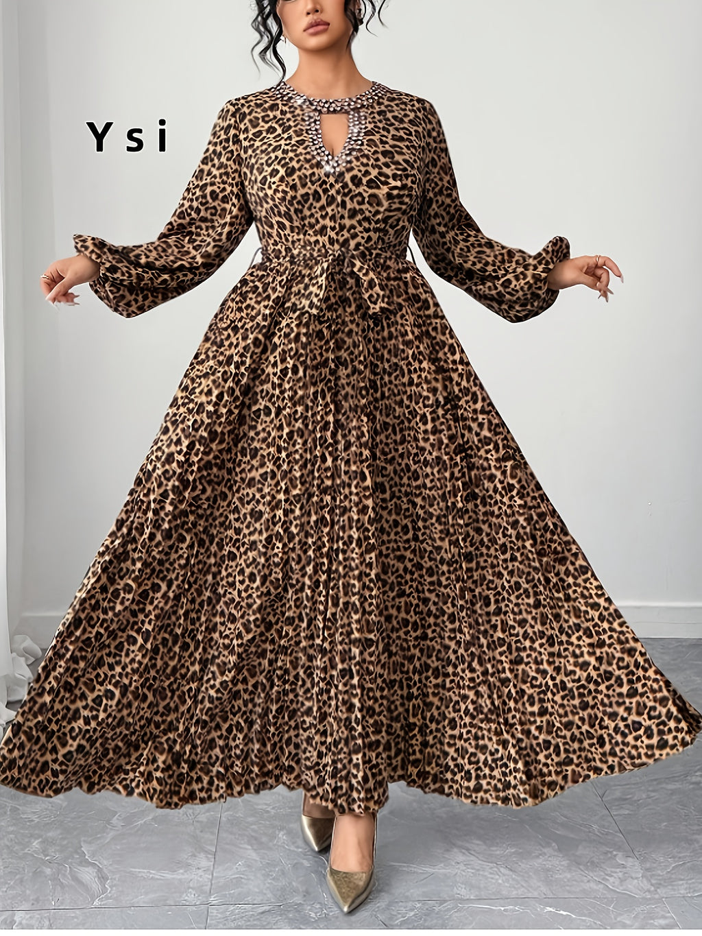 Elegant Leopard Print Long Sleeve Dress | Pleated Waist, Crew Neck with Rhinestone Details, Perfect for Spring/Summer/Fall - Camel