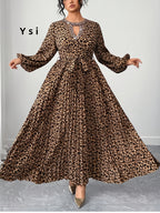 Elegant Leopard Print Long Sleeve Dress | Pleated Waist, Crew Neck with Rhinestone Details, Perfect for Spring/Summer/Fall - Camel