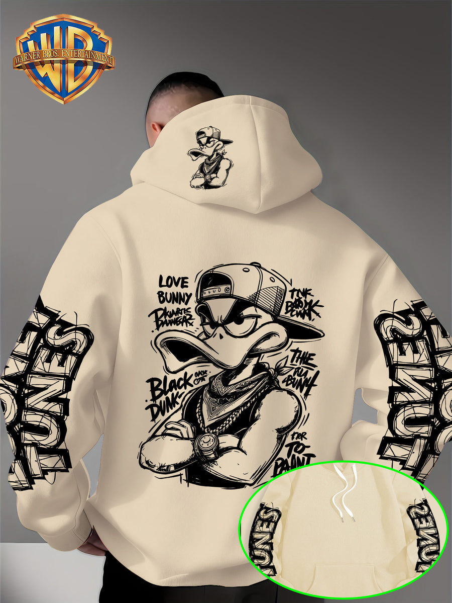 Dark Duffy Duck Pattern Print - Men'S Fashion Hoodie Sweatshirt, Trendy Sleeve Print Design, Suitable for Multi-Style Daily Wear Pullover, Soft And Delicate Touch, Helping You Be Comfortable And Stylish, Easily Mastered for Campus, Commuting - Apricot
