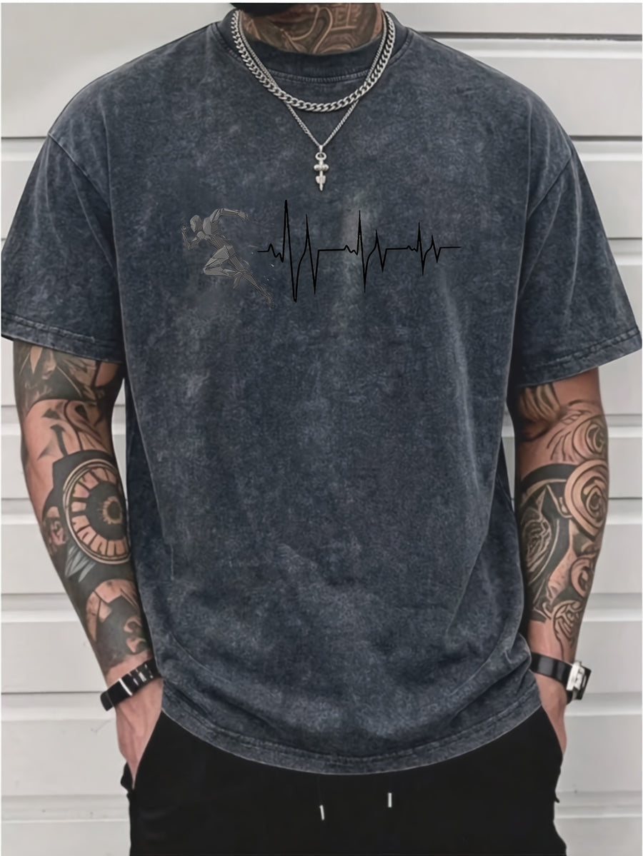 Men's Washed Short-Sleeve T-Shirt, Made of Pure Cotton Fabric That Is Breathable and Skin-friendly. The Relaxed Fit Is Comfortable and Versatile. Features a Creative Print of a Runner on the Front + EKG, Combining Athletic Passion with the Rhythm - Navy blue color