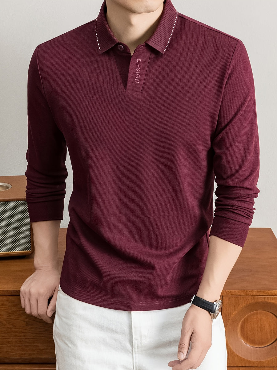 New Autumn 2026 Men's Long-Sleeve Solid Color Seagull Collar Lapel Casual Polo T-Shirt - Burgundy
