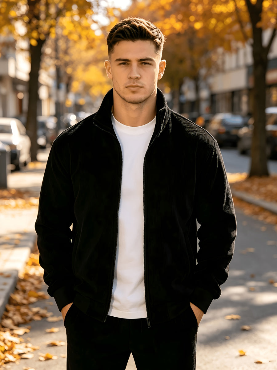 Men's Corduroy Full-Zip Stand Collar Jacket, Soft Vertical Rib Texture Corduroy Casual Full-Zip Outerwear, Ribbed Cuffs and Hem, Side Insert Pockets, Loose Fit Cut, Lightweight and Warm Jacket, Suitable for Autumn/Winter Daily Wear, Street Outings - Black