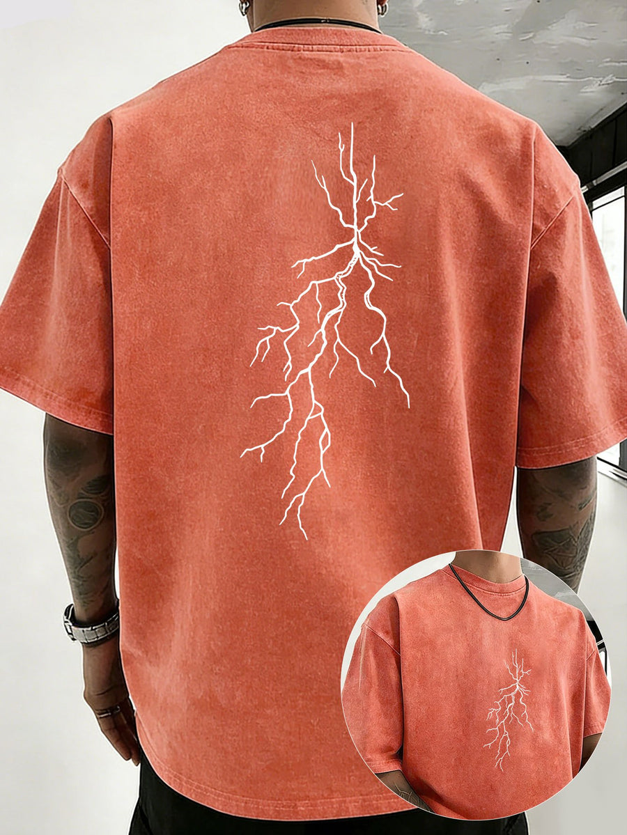 Men 100% Washed Distressed Crew Neck Short-Sleeve T-Shirt, Sketch Lightning Graphic Position Double-Sided Print, Trendy Loose Casual Tee Tops, 12 Colors Available - Orange