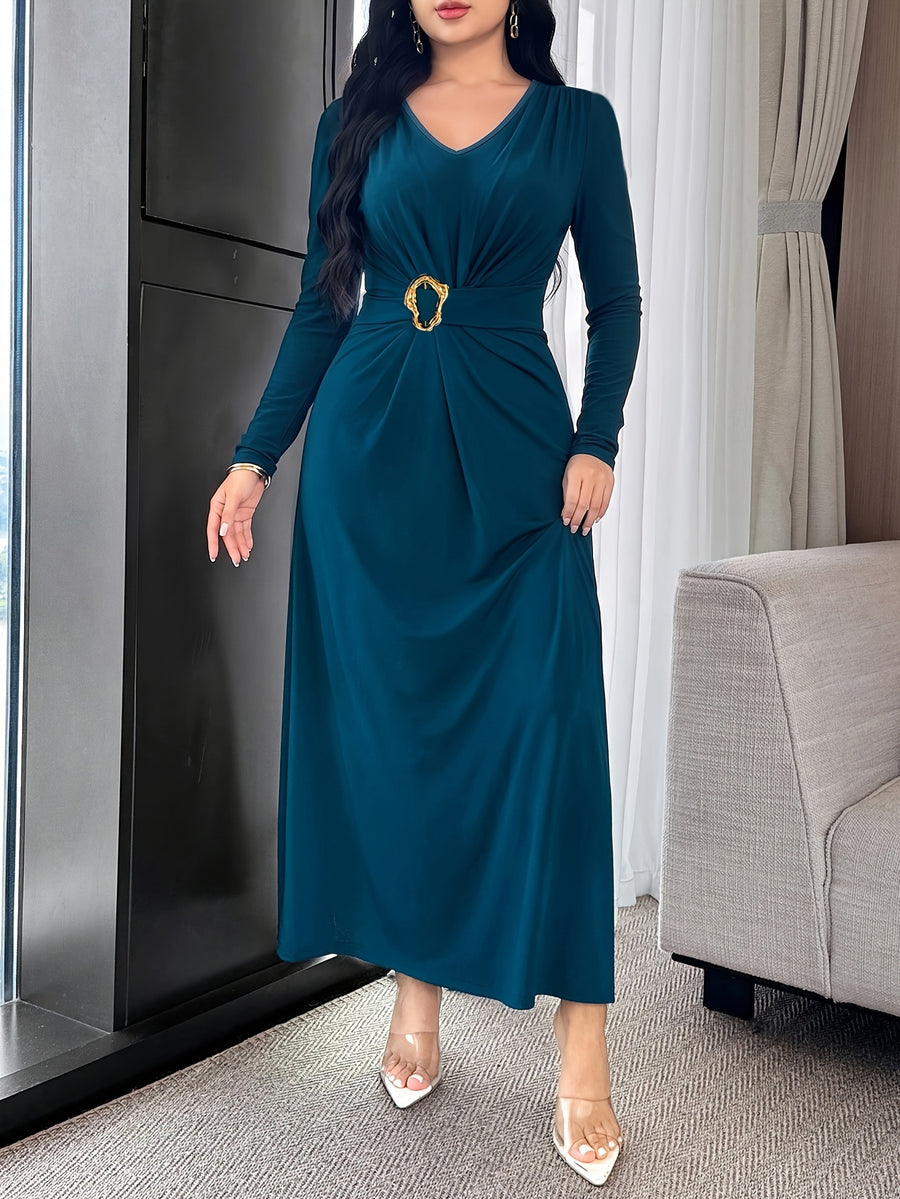 New Autumn Long Sleeve Middle Eastern Style Slim-Fit Sleeveless Waist-Cinching Dress with Metal Buckle Decoration, Long French-Style Light Luxury Commuting and Banquet Dress for Women - Peacock Blue