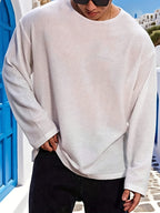 Men's Pullover Crew Neck Loose Fit Long Sleeve T-Shirt, Fitness Training Top, Knitted Fashionable Casual Basic Shirt, Breathable Pullover - White