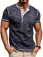 Men'S Summer Henley Shirt - Casual Short Sleeve, Button-Up, Gray & White Striped, Round Neck, Lightweight Polyester Blend, Perfect for Casual Attire, Casual Summer Wear | Striped Henley Shirt | Polyester Blend Shirt - Royal Blue
