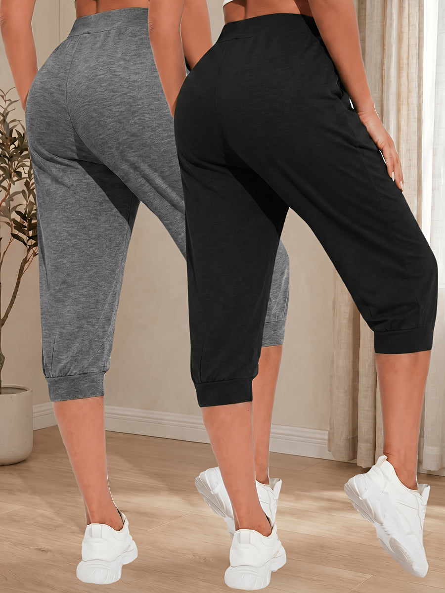 Women's Two-Pack Cropped Solid Color Jogger Sweatpants, High-Waisted Loose Fit with Drawstring Cuffs and Pockets, Casual Trousers - Black+Dark Grey