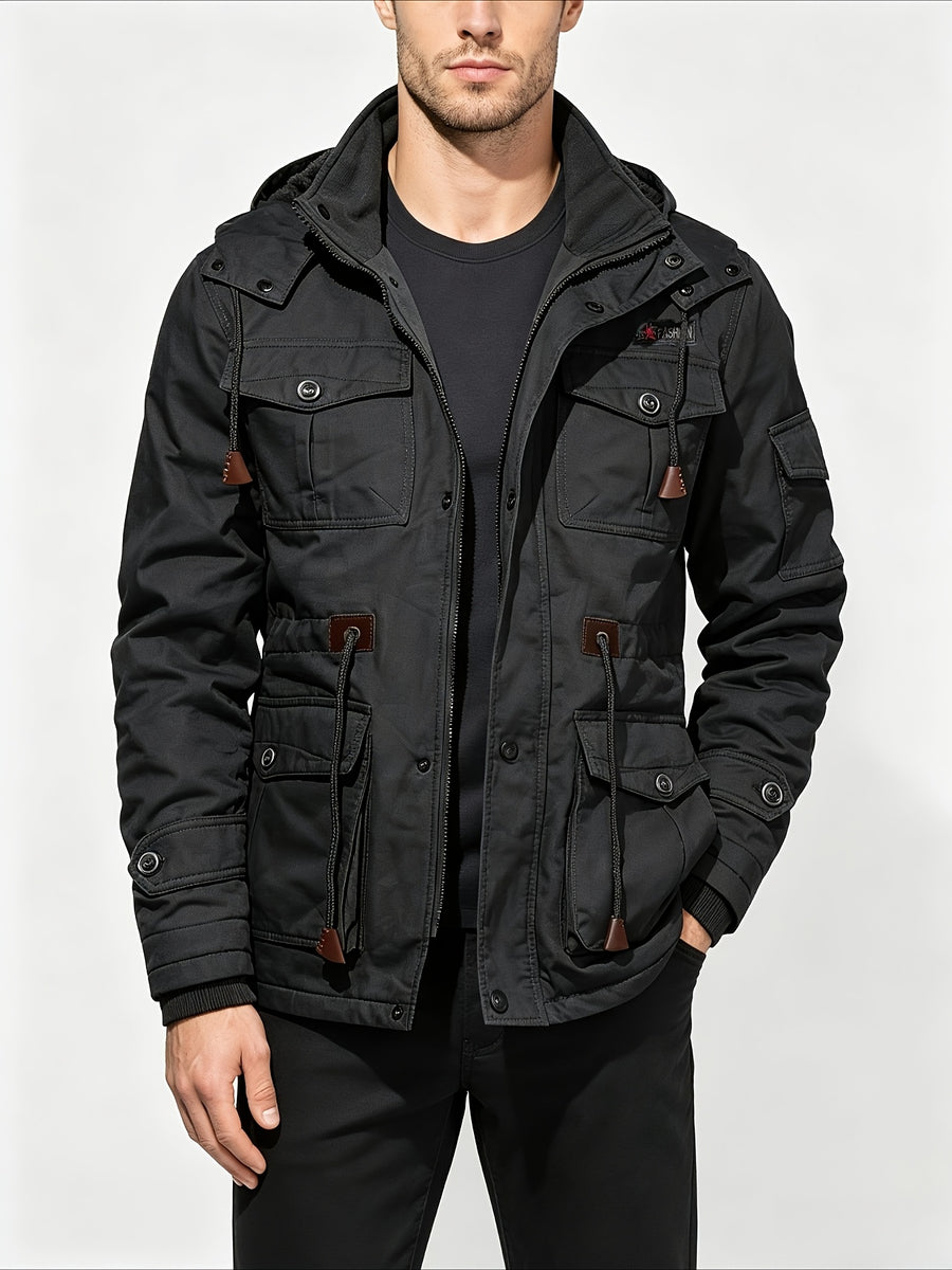 TNZI Men' Vintage Washed Hooded Cargo Jacket - Multi-Button & Zipper Hooded Coat with Collar, Half-Door Zipper Closure, Button Utility Outerwear Suitable for Business Commute, Outdoor Hiking, Winter Streetwear Jacket - Black