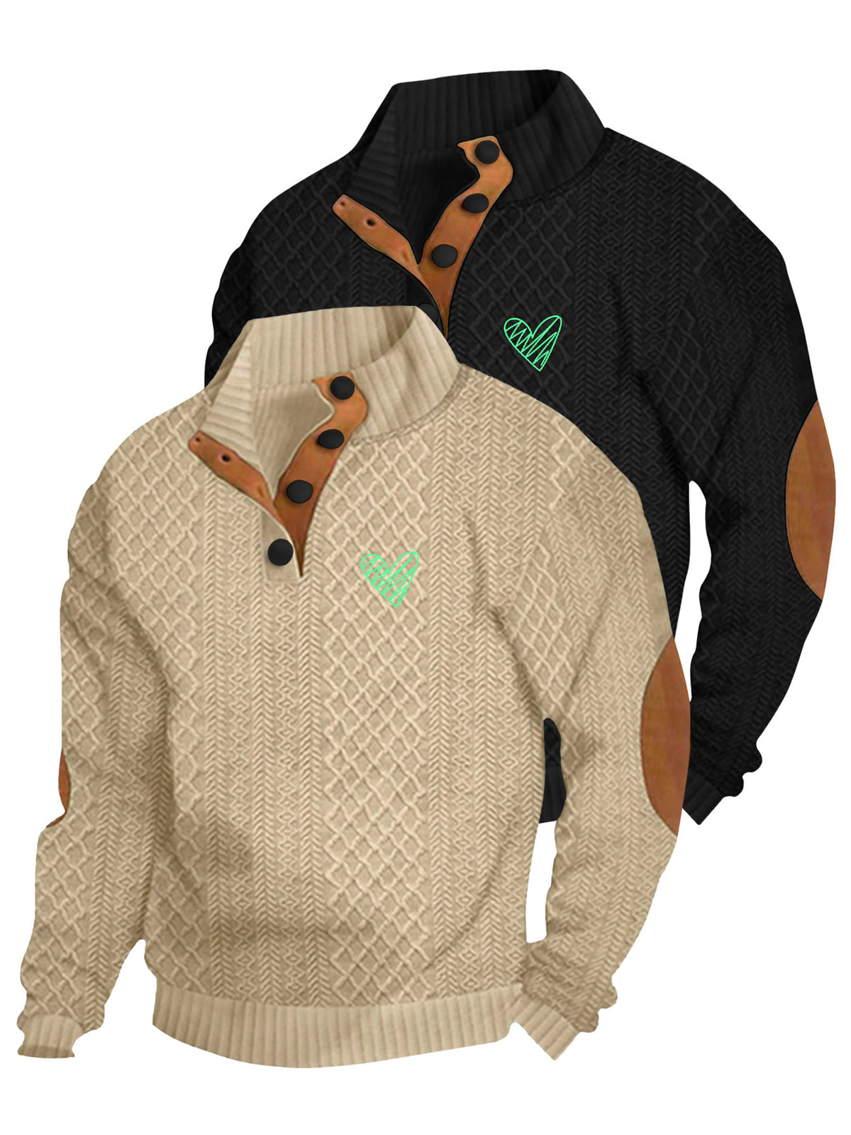 2pcs Men's Stand Collar Jacquard Knit Henley Shirts, Mature Vintage High Neck Pullover Polo, Random Texture Color-Block Collar Jacquard Patchwork Design, Suitable for Outdoor Casual Sports Wear, Ideal as Men's Birthday Gift, Outdoor Clothing - Black+Apricot