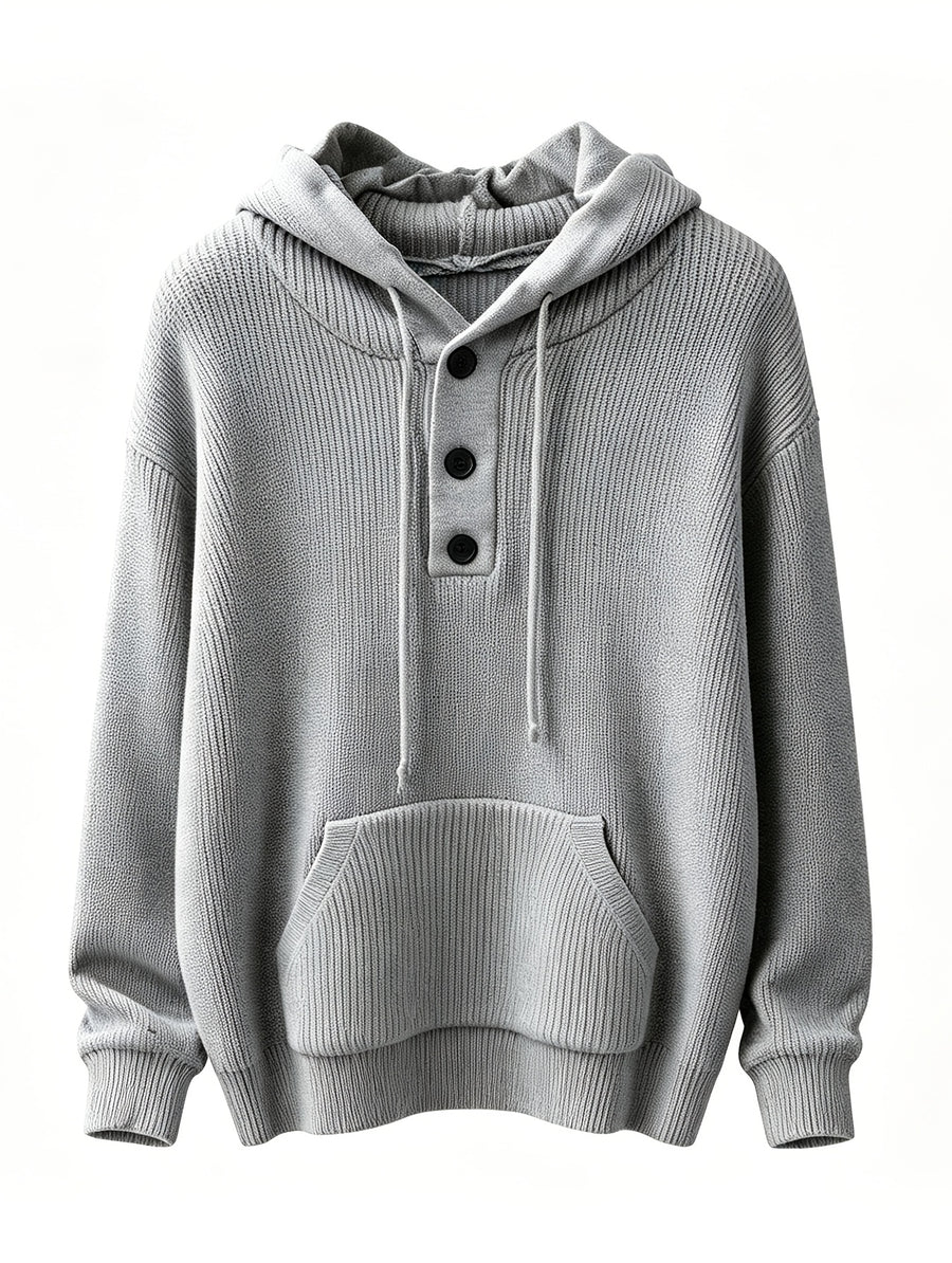 Men'S Hooded Pullover Sweater Half-Button Drawstring Kangaroo Pocket Thick Yarn Knitwear Autumn Winter Trendy Casual Daily Pullover Sweater - Black