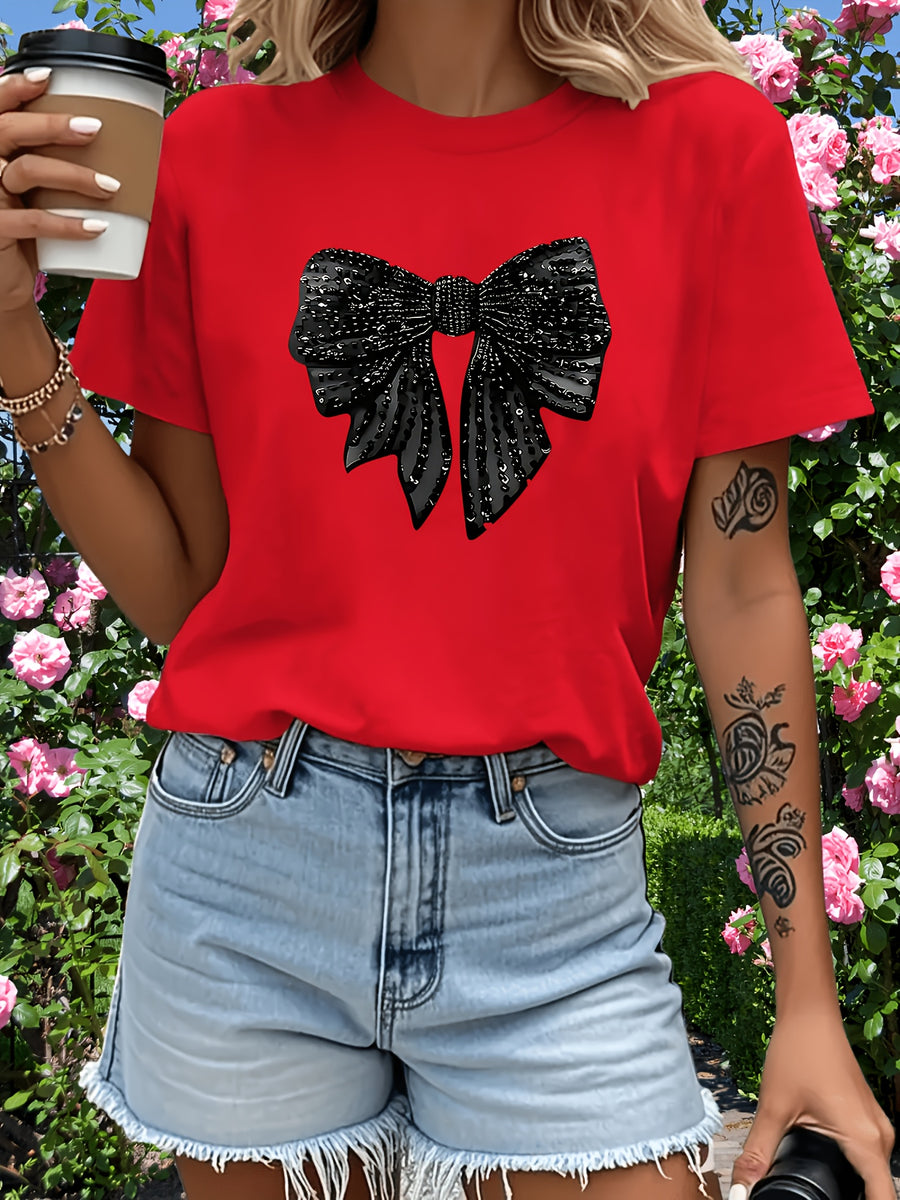 [Printed Design-Not Textured] Women'S T-Shirt Black Bow Print, Comfortable Fabric, Multiple Specifications Available, Ideal for Daily Casual Outings And Relaxed Indoor Wear - Red