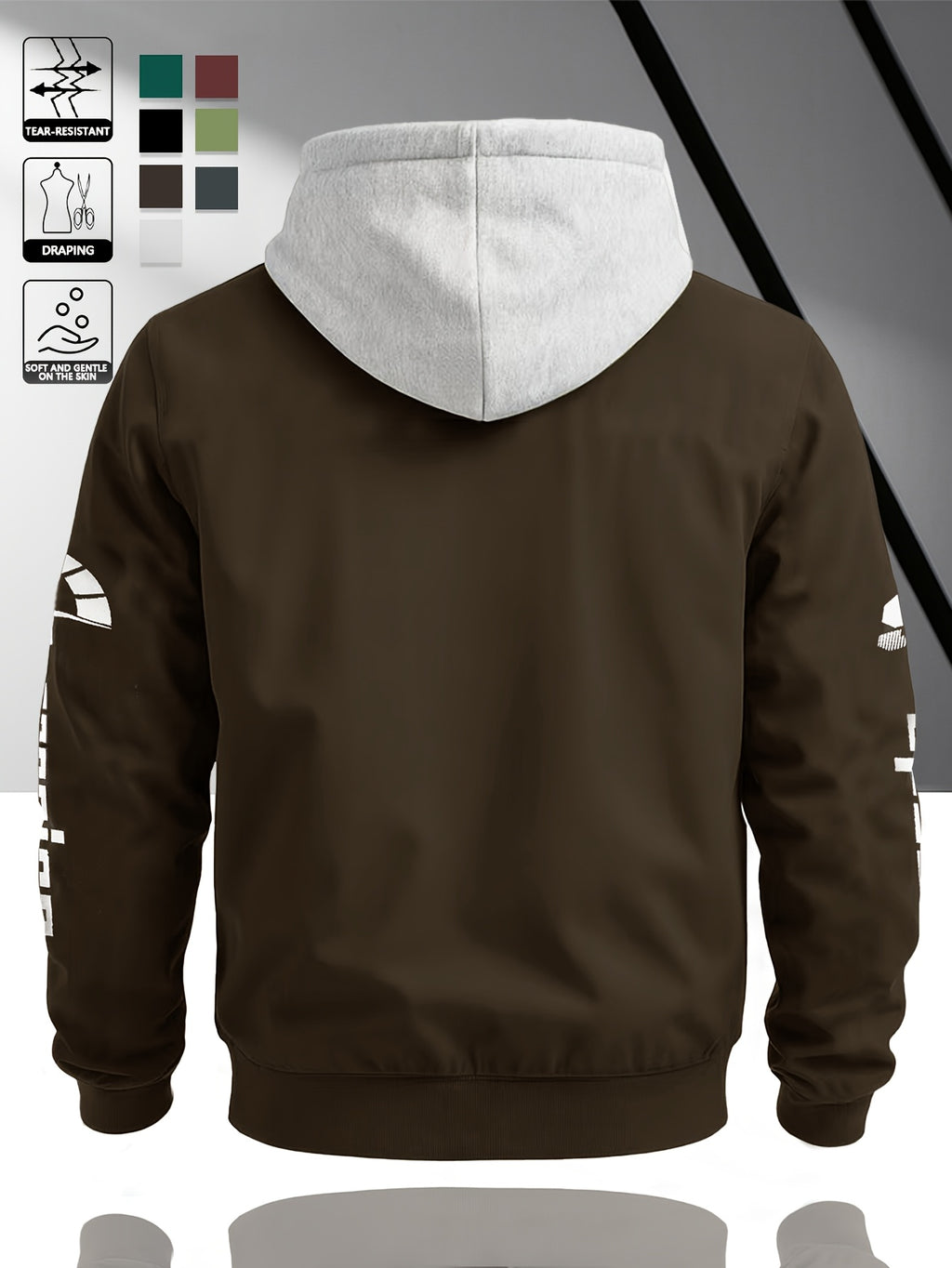 Fashion Casual Men'S Contrast Color Hooded Cardigan Long Sleeve Jacket, Letter Print, Comfortable And Versatile, Suitable for Autumn Winter JK5682, Sporty, Breathable, Regular Fit, Daily - Coffee Color