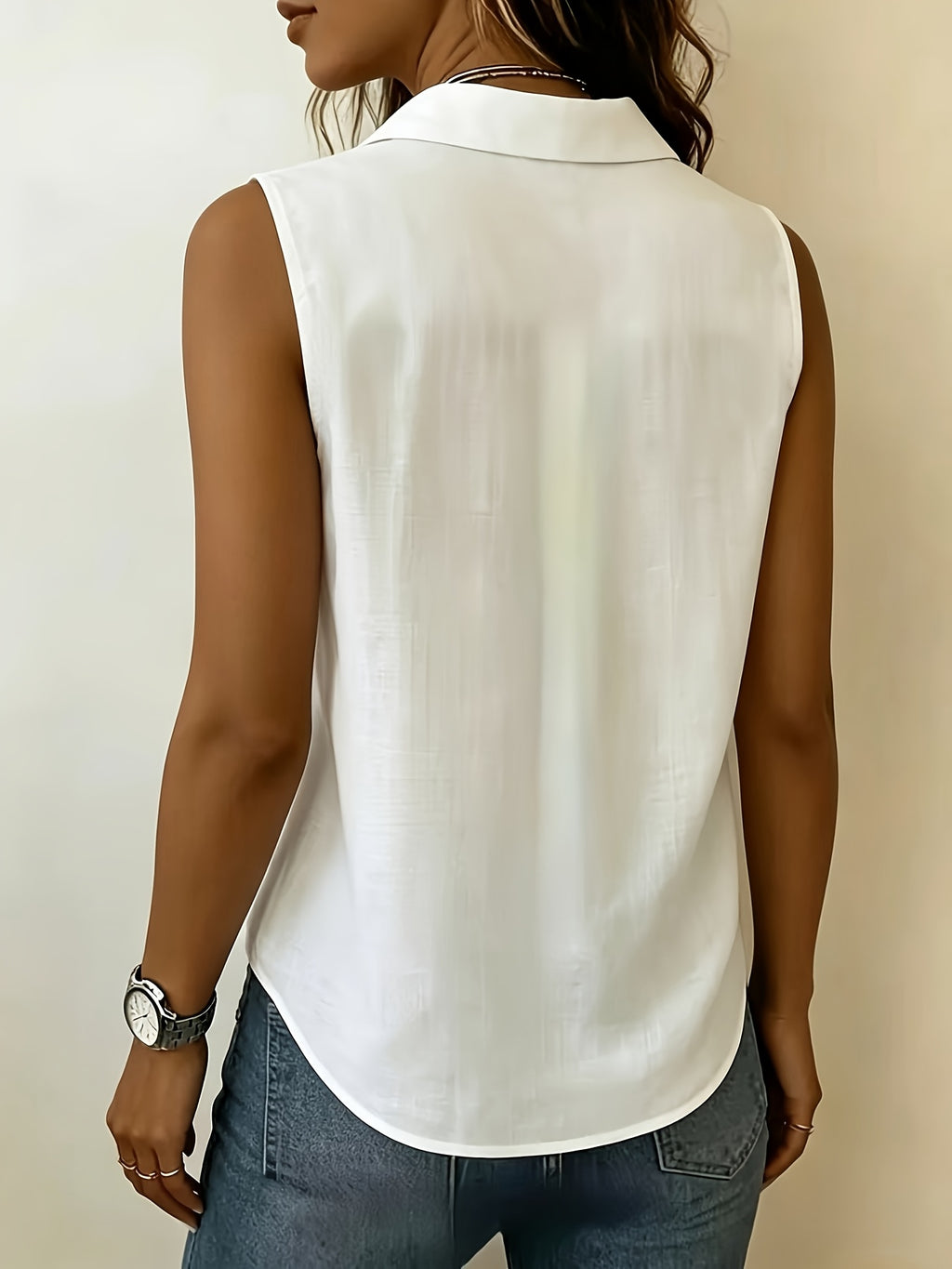 Pleated Design Statement Sleeveless Shirt, Women'S Lapel V-Neck Loose All-Match Summer Commute Top - White