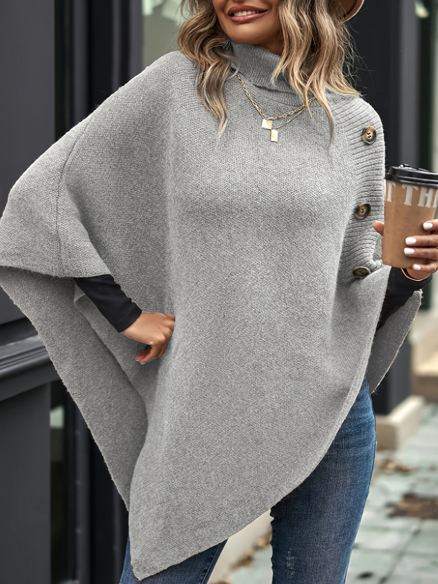 Elegant Special "Slim Fit Bust" 1 Elegant Women's Solid Color High-neck Shawl Pullover, Side Faux Button Decoration, Asymmetrical Design, 100% Polyester, Fashionable and Elegant Vintage Ethnic Style Pullover, Suitable for Spring, Autumn, and Winter - Light Grey