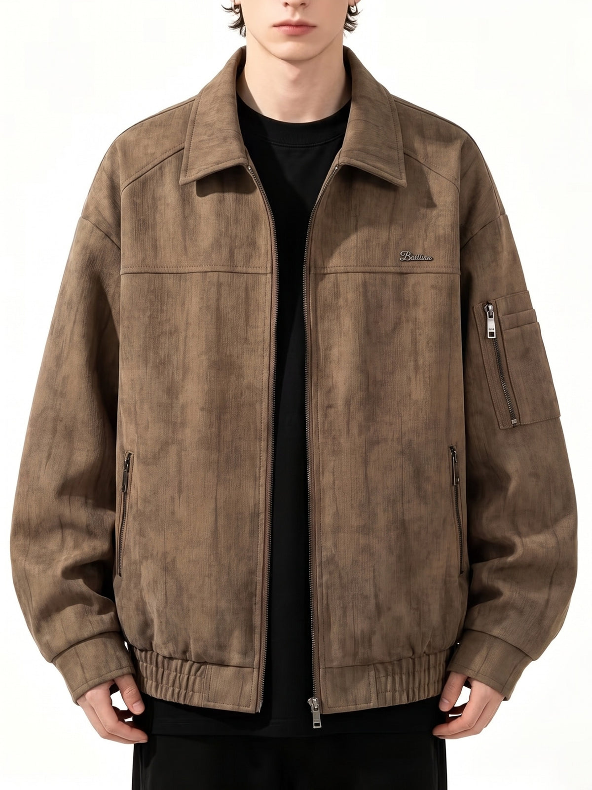 Men's Streetwear Workwear Style Lapel Jacket with Vintage Texture, Full-Zip Casual Outerwear, Multi-Zipper Practical Pocket Design, Regular Fit for Comfort and Versatility. This Casual Coat Is Suitable for All Occasions in Spring and Autumn - Brown