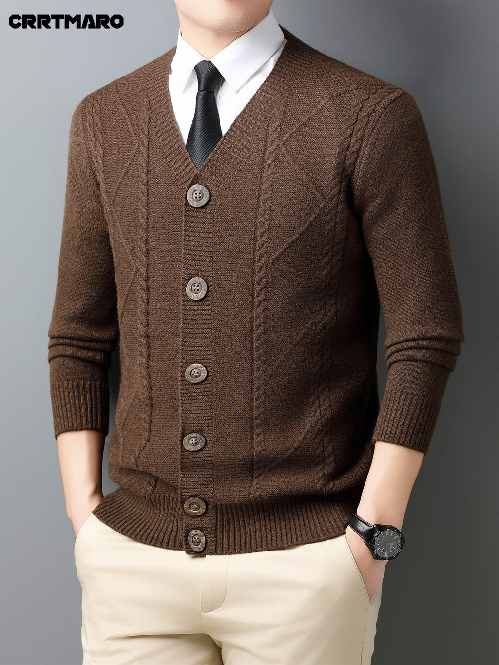 Men'S Wool Blend, Thick Knit Cardigan, Warm Casual Layering Top for Fall And Winter - Black Coffee