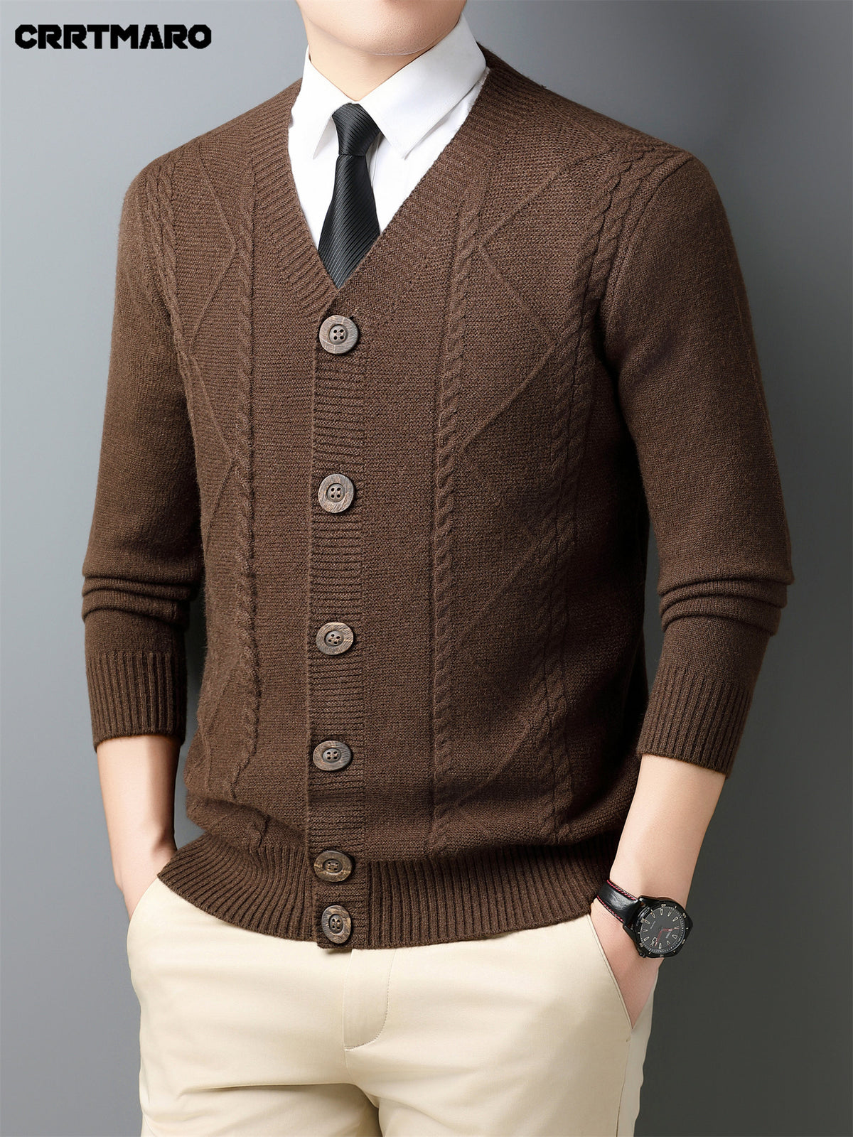 Men'S Wool Blend, Thick Knit Cardigan, Warm Casual Layering Top for Fall And Winter - Black Coffee