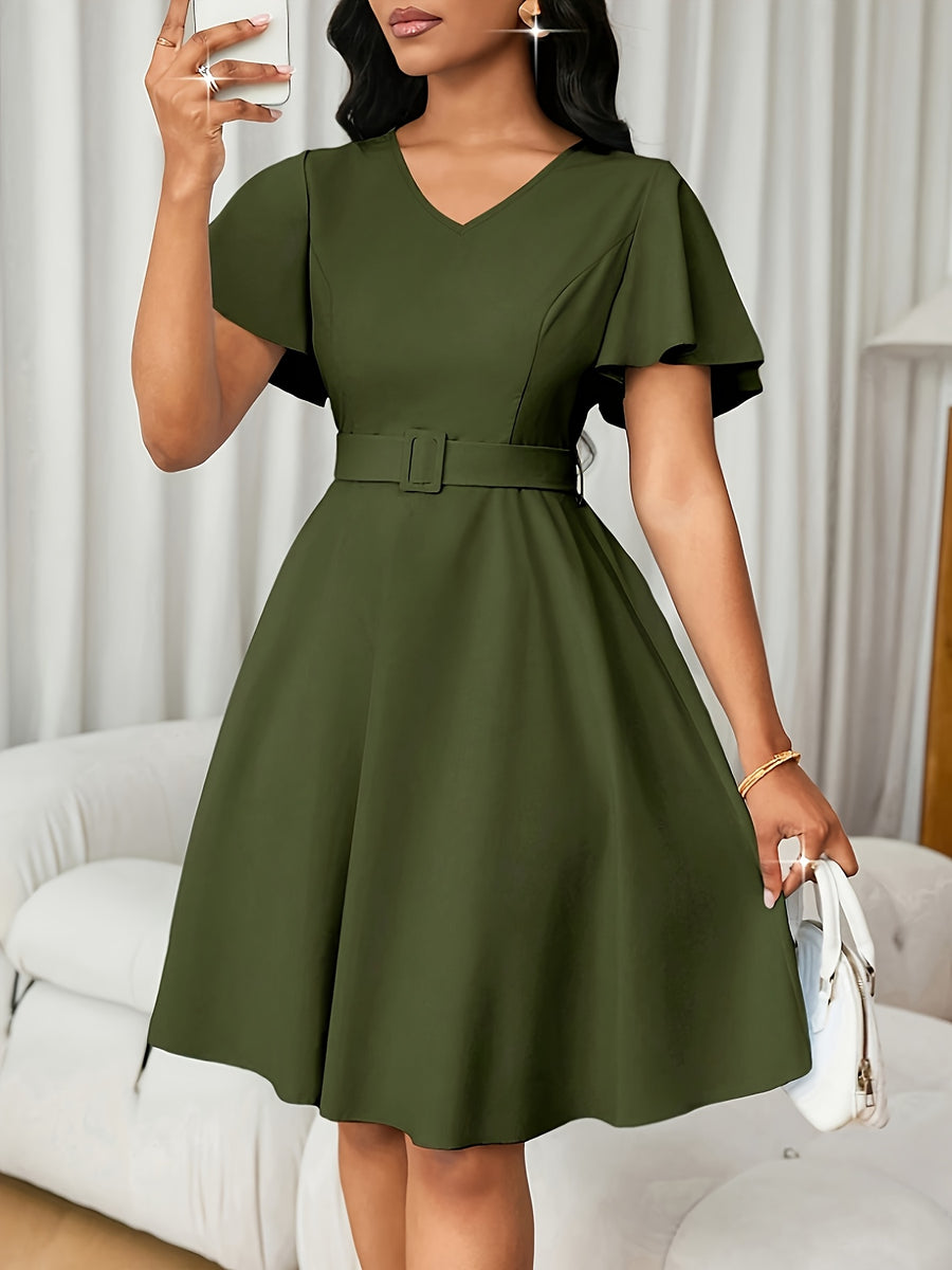 V-neck A-line Skirt, and Figure-hugging, with Ruffled Short Sleeves and a Belt, Mid-length Dress, Elegant and Graceful for Dates, Commuting, and Daily Wear - Green