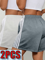 2pcs Women's 2pcs Shorts Suitable for Leisure, Outdoor & Home Wear - Elastic Stretch Waist Loose Fit Short with Side Stripe Design, Elastic Waistband, Non-Stretch Solid Color Shorts for Spring Summer Fall, Machine Washable American Casual - Beige Apricot+Grey