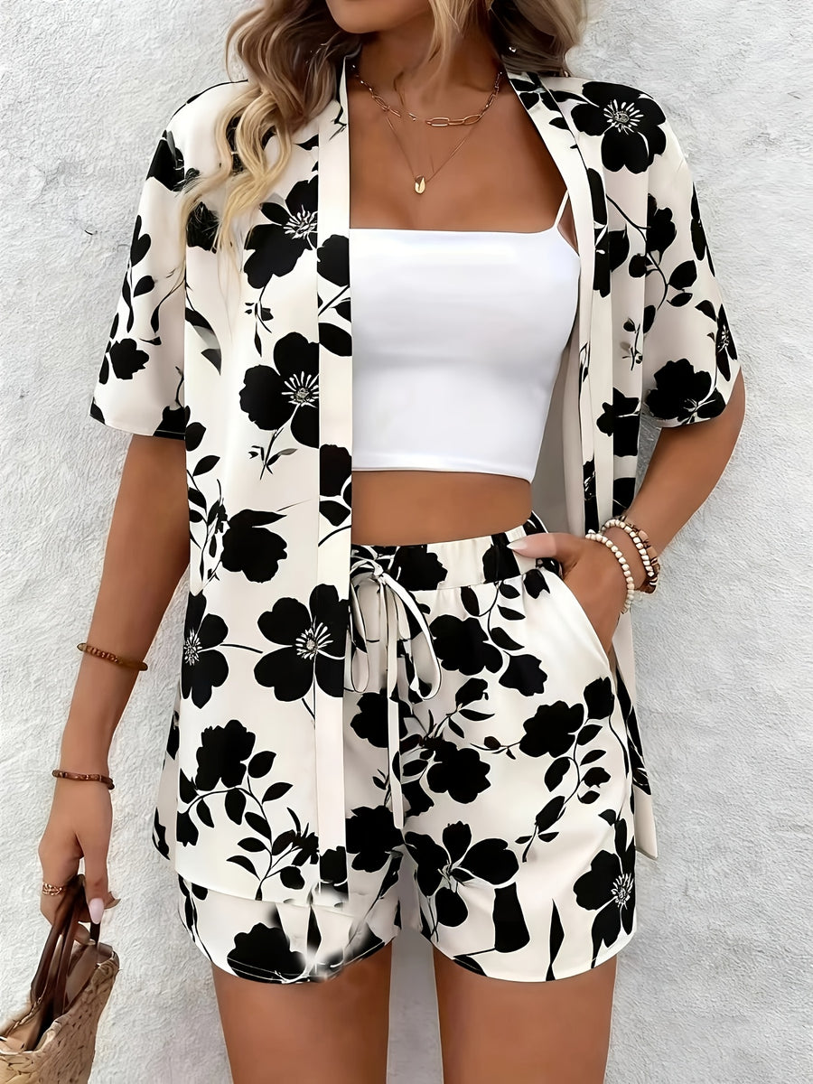 Vacation-style Geometric Print Short Set, Featuring a Front-open Short-sleeve Tunic and a Drawstring Loose-fit Shorts, Suitable for Spring and Summer, Women's Clothing - Black