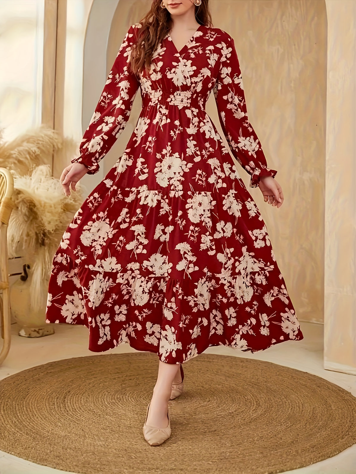 Floral Print Ruffled Dress with Flounce Sleeves and Hem - Multicolor