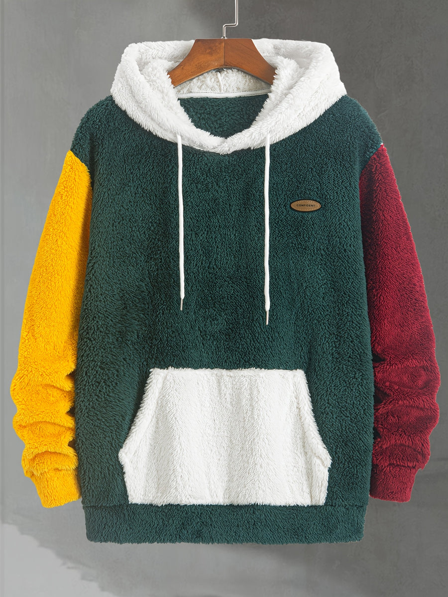 Men's Multi-Color Plush Hooded Sweatshirt with Contrast Patch Embroidery, Warm Autumn/Winter Hoodie with Drawstring - Green