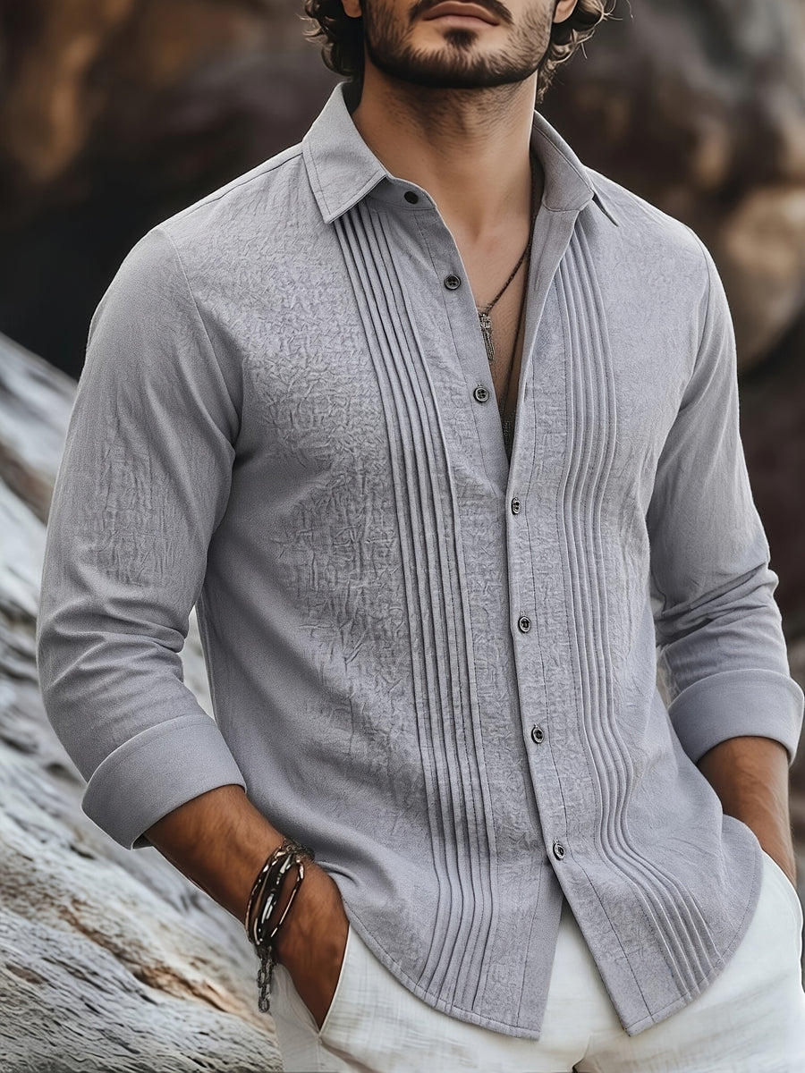 Men's Linen Guayabera Shirt with Lapel Collar & Button Front Panel - Accordion Pleat Chest Texture, Long Sleeve Button-Front Closure Suitable for Beach, Casual, -Casual Wear, Year-Round Versatile Formal & Everyday Button-Up Shirt - Light Grey