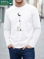 100% Cotton Men's Long-sleeve T-shirt, Featuring Trendy Printed Patterns, Comfortable and Breathable for All-season Wear, an Essential for Casual Outings, and Machine Washable - White