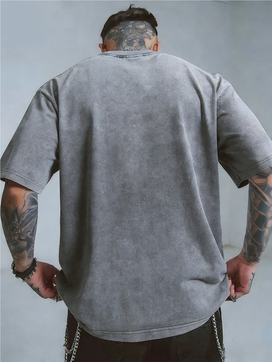 Men's New Arrival Washed Casual Art Letter Print T-Shirt - Geometric Pattern Retro Washed Vintage Short Sleeve Round Neck T-Shirt, Suitable for Everyday Versatile Retro Style, Men's Wear - Silvery Grey