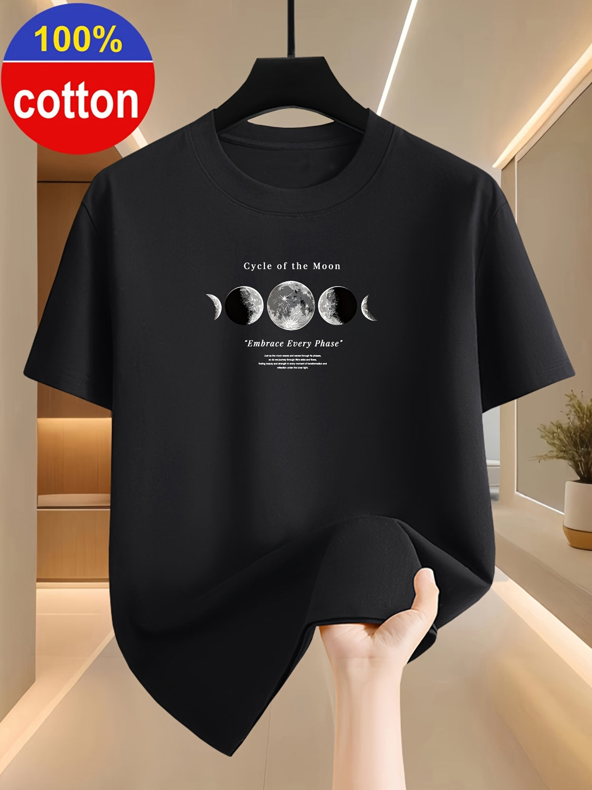 100% Cotton Summer Short-sleeve T-shirt with Simple and Stylish Printed Patterns, Available in Wine Red/green/dark Blue. Made of Cotton Fabric for Comfortable Wear, Suitable as a Holiday Gift - Black