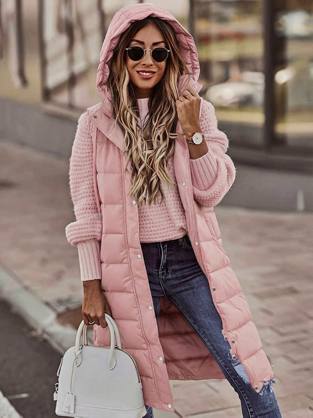 Women'S Stand-Up Collar Hooded Mid-Length Warm Quilted Vest Jacket, Double-Ended Zipper Design, Outer Placket Button Structure, Sleeveless Slim Fit, Lightweight And Comfortable, with Practical Pockets - Pink Color