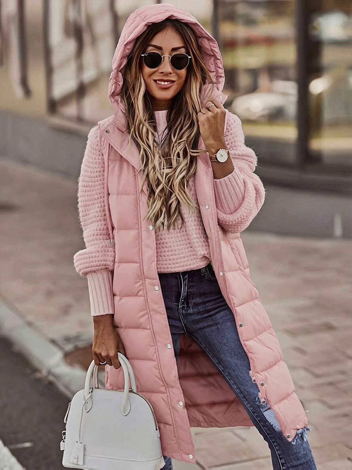 Women'S Stand-Up Collar Hooded Mid-Length Warm Quilted Vest Jacket, Double-Ended Zipper Design, Outer Placket Button Structure, Sleeveless Slim Fit, Lightweight And Comfortable, with Practical Pockets - Pink Color