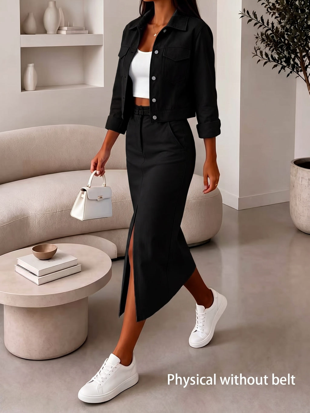 Autumn Winter Women'S Skirt And Jacket Two-Piece Set, Slit Midi Skirt And Short Jacket Long Sleeve Outerwear - Black