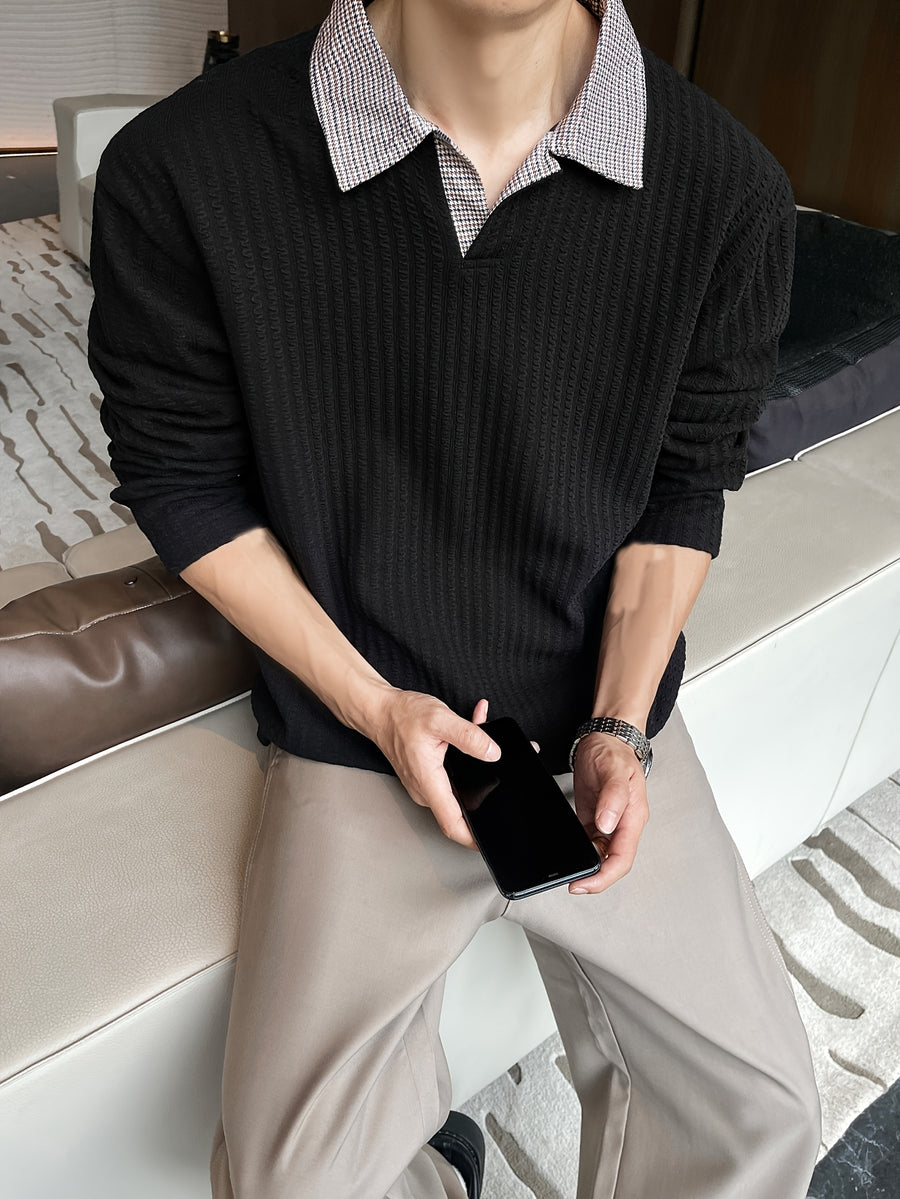 Men'S Casual Athletic T-Shirt, 1pc Men'S Fashion Trendy Casual Patchwork Lapel Long Sleeve T-Shirt, Loose Fit, Comfortable Textured Elastic Fabric, Suitable for Daily Casual Wear - Black