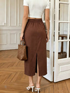 Women's European/American Vintage Wrap Skirt - 1pc Half-Length Maxi with Side Tie Straps & Slit, Midi Suitable for Commuting, Vacation,, - Machine Washable Spring/Fall/Summer Skirt - Coffee Color