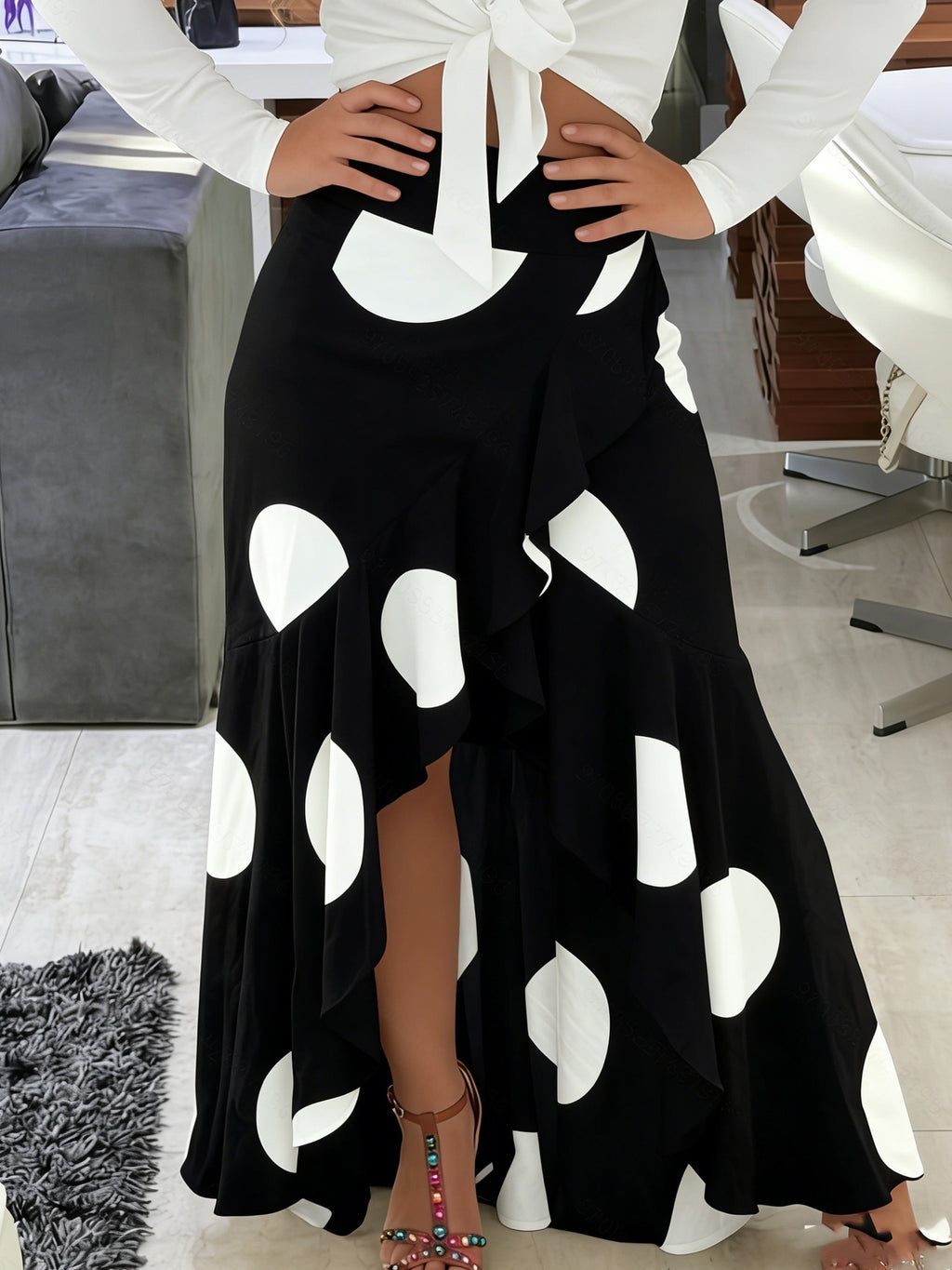 2025 Latest Women'S Elegant, Easy, Versatile, Atmospheric, Fashionable, And Commuting Polka Dot Print Irregular Ruffle Large Swing Midi Skirt, Suitable for Daily Wear And Dating, Suitable for Spring, Summer And Autumn, Can Be Worn in Three Seasons - Black