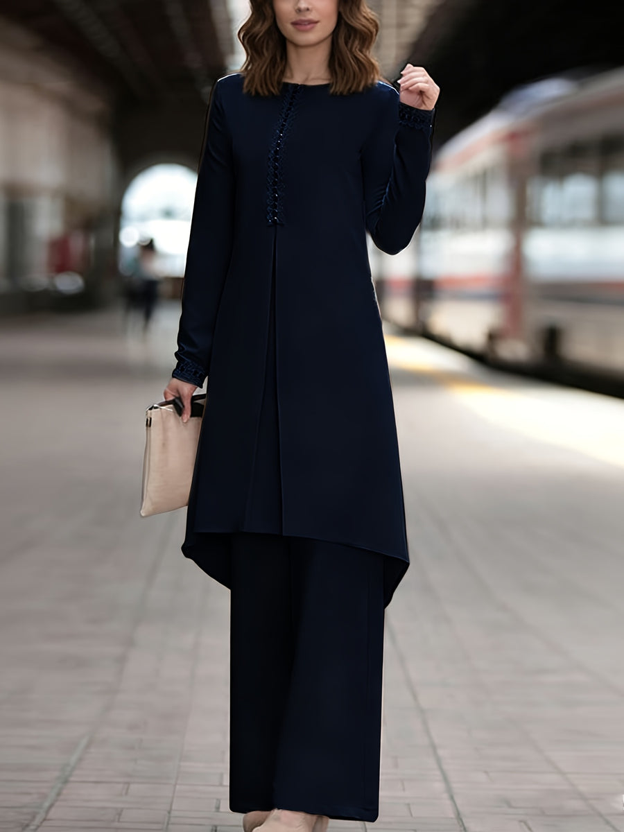 Ramadan Elegant Ladies Set Abaya Dress And Pants Solid Color Round Neck Embroidered Chest And Sleeve Applique Top Elastic Waist Long Pants Commute Casual Two-Piece Set - Navy Color
