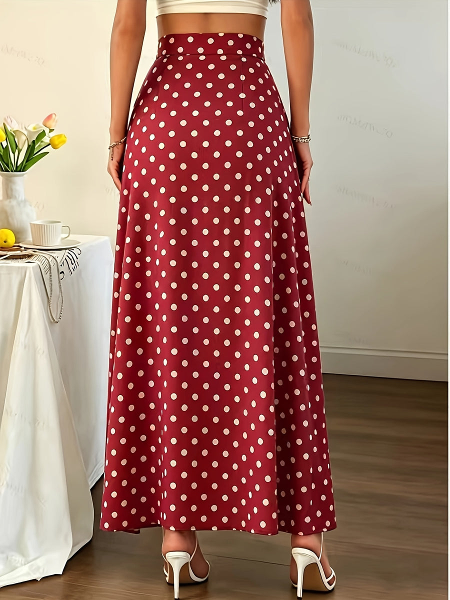 Women's New Summer Hong Kong Style Burgundy Polka Dot High-Waist Slit Satin Long Skirt, Suitable for Dating and Commuting - Red