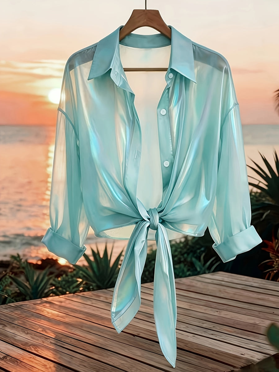 Premium Iridescent Elegant Sheer Chiffon Tie-String Casual Vacation Beautiful Blouse (Women'S Style) - Mint Green