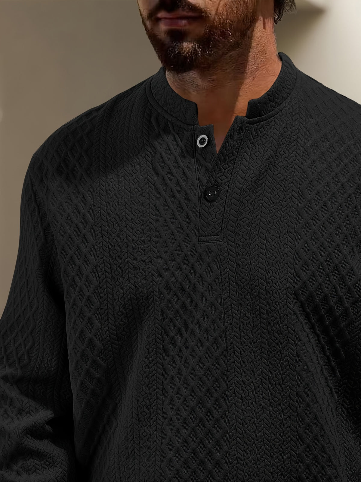 New 3D Jacquard Fabric Henley Shirt - Black