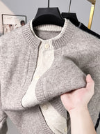 Men's Round Neck Knit Cardigan, Thickened Autumn/Winter Casual Sweater Outerwear, Simple Single-Breasted Button-Up Cardigan - M Beige