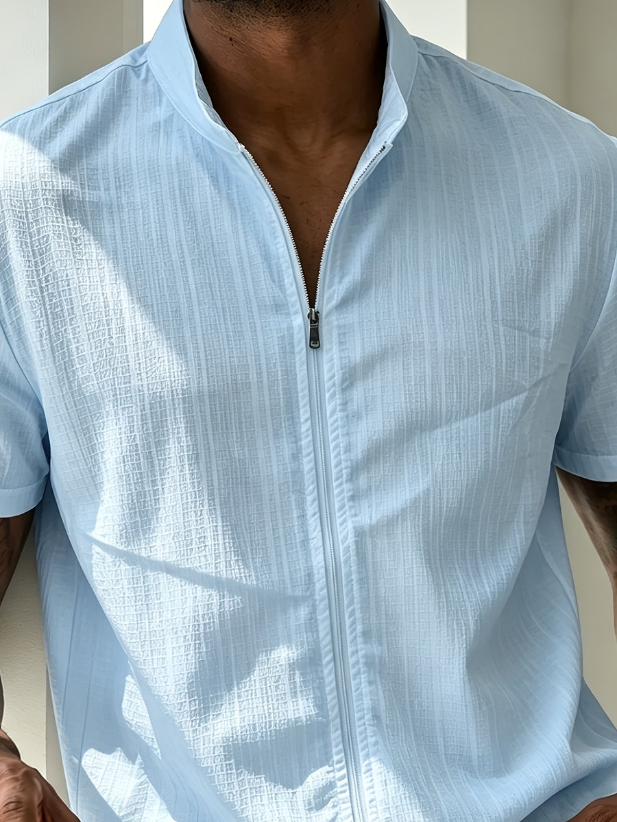 Men's Lightweight Breathable Zip-Up Stand Collar Shirt - Short-Sleeve Button-Up Beach Shirt with Zipper Front, Solid Color Suitable for Pool Parties, Casual Wear & Father's Day Gifts, Machine Washable Stand Collar Button Collar Blouse Style - Sky Blue