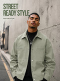 Men'S Lapel Collar Snap Button Utility Jacket, Multi-Patch Pockets Design with Pen Slot, Loose Short Cut Workwear Outer Coat, Durable Fabric Street Style Outerwear for Everyday City Wear - Salt Ash Green