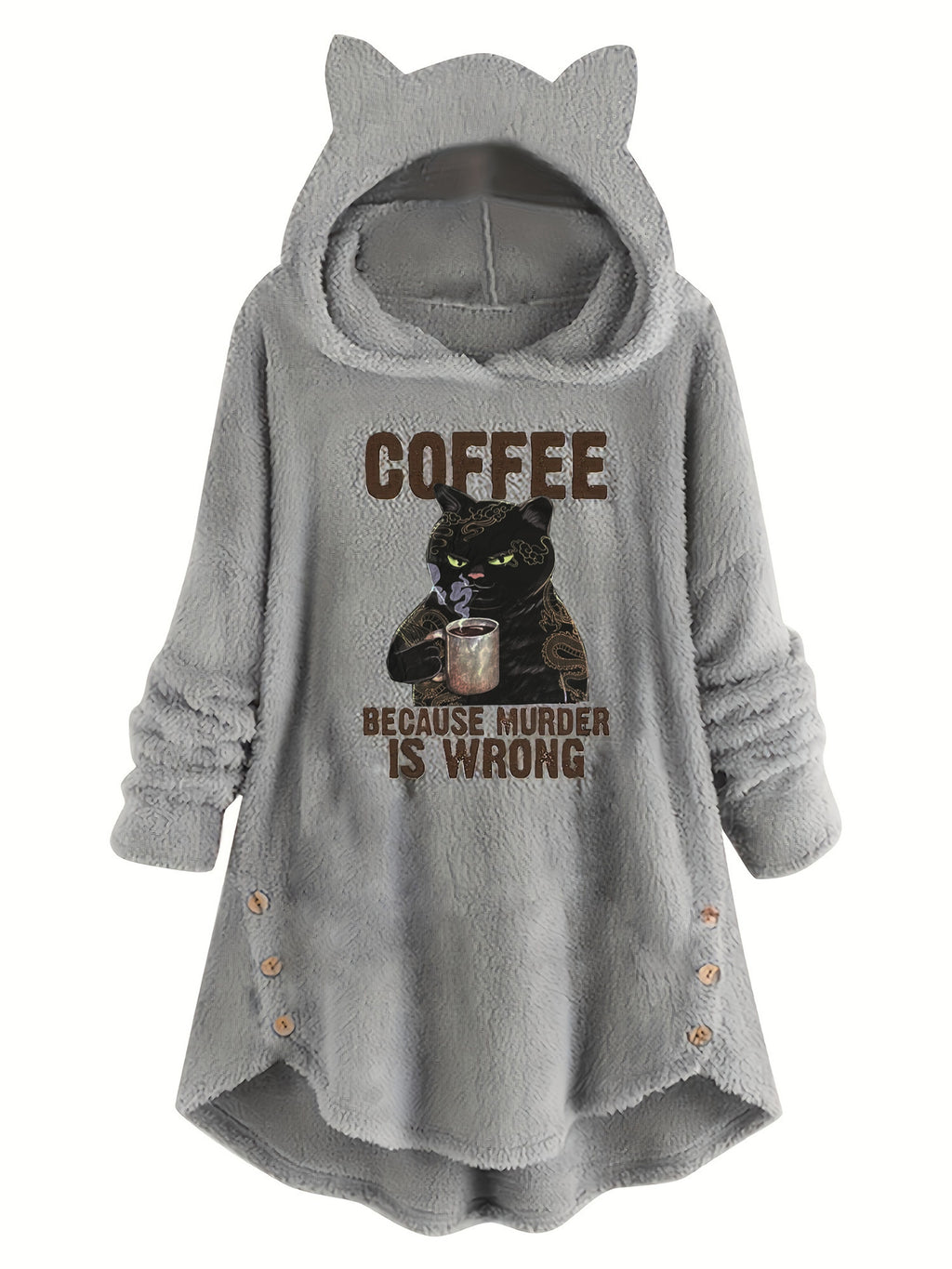 Cat & Slogan Print Teddy Hoodie, Casual Long Sleeve Button Decor Hoodie Sweatshirt, Women's Clothing - Grey