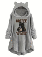 Cat & Slogan Print Teddy Hoodie, Casual Long Sleeve Button Decor Hoodie Sweatshirt, Women's Clothing - Grey