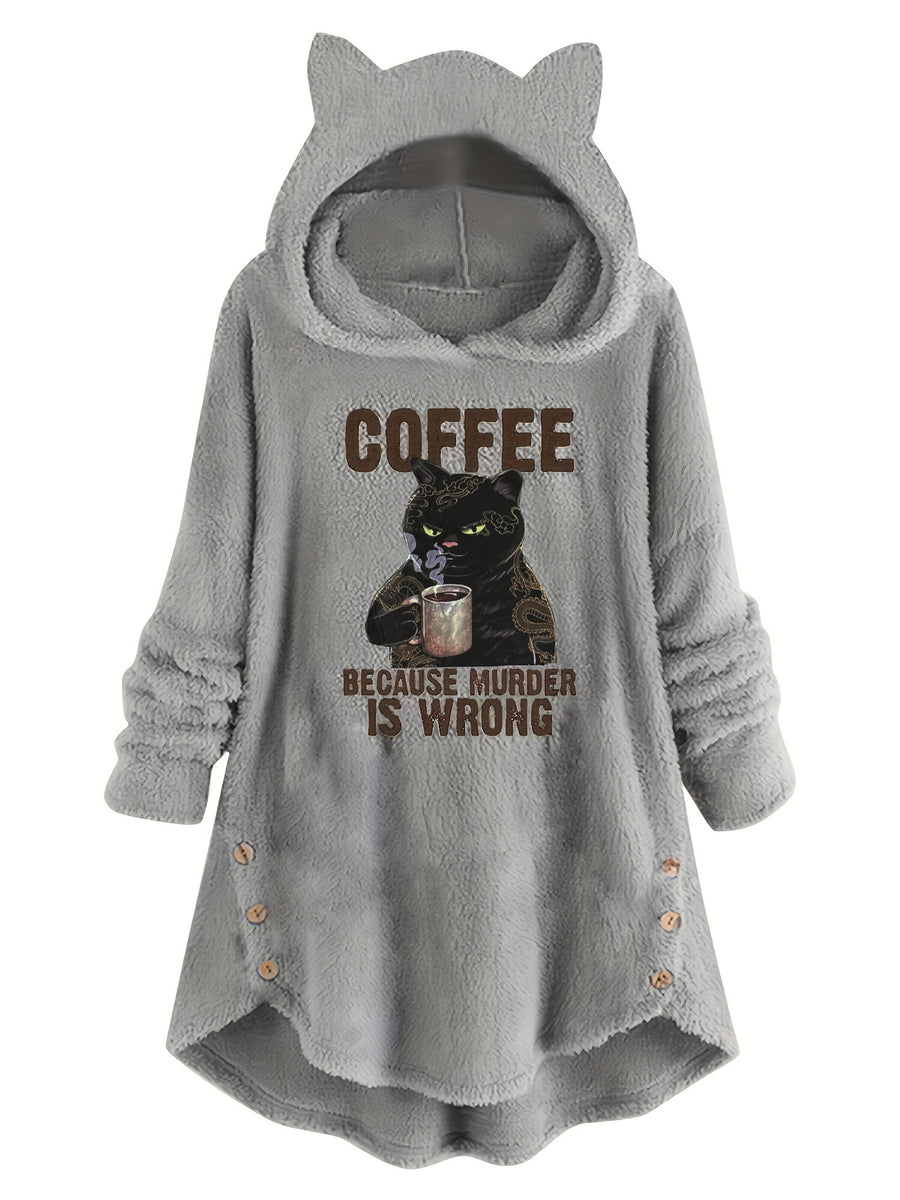 Cat & Slogan Print Teddy Hoodie, Casual Long Sleeve Button Decor Hoodie Sweatshirt, Women's Clothing - Grey